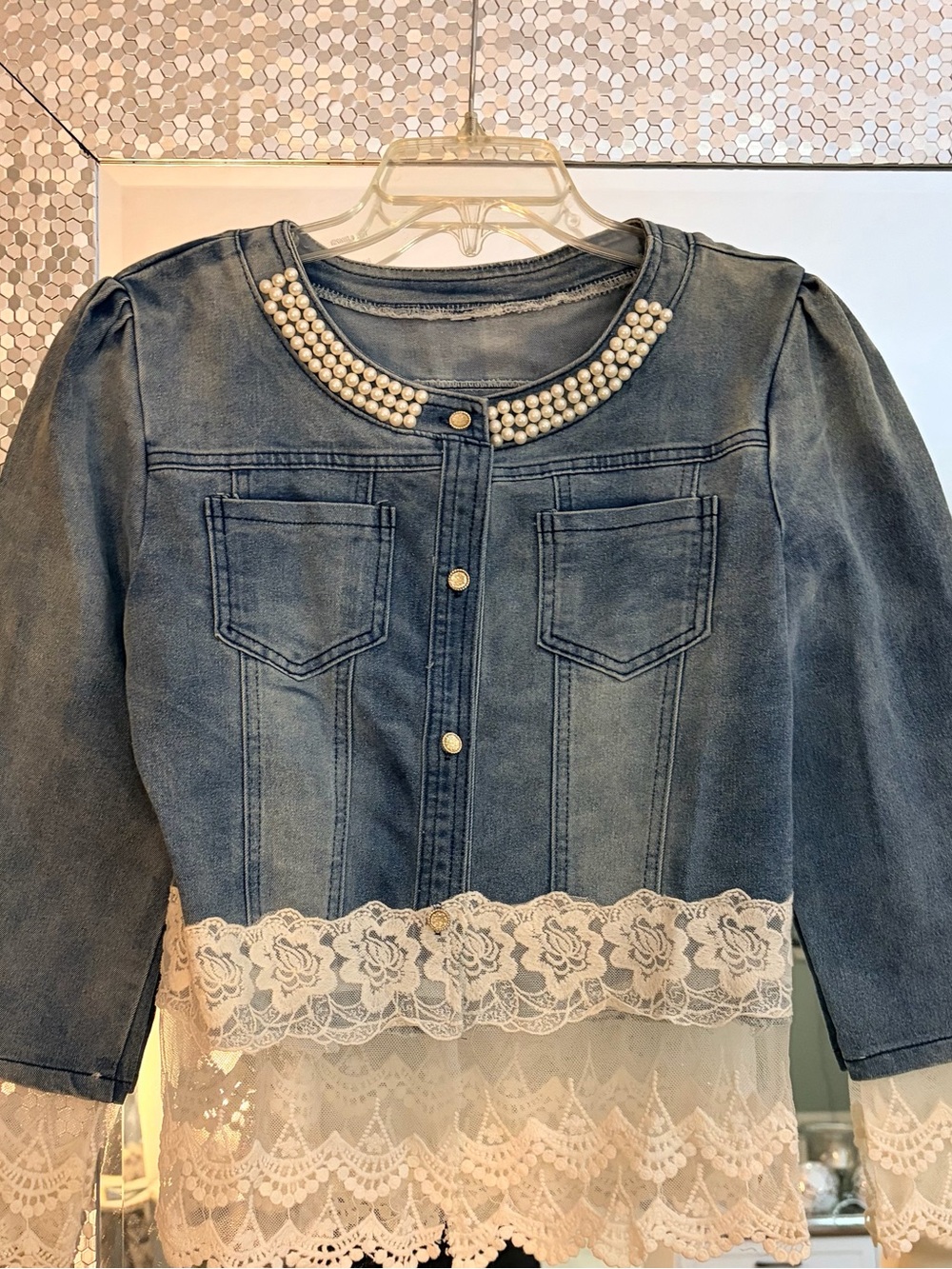 Pearl-Collar Blue Denim Jacket with Cream Lace Hem. Adorable glittery buttons.